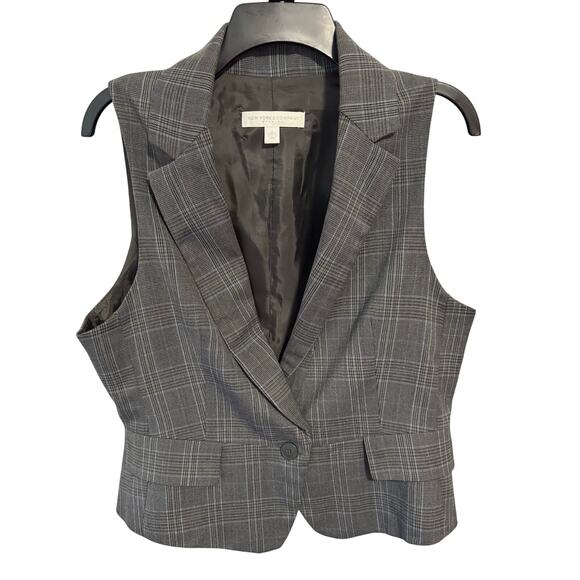 New York & Co. 14 gray plaid & tailored vest 1 button closure deep V-neck - Picture 1 of 5